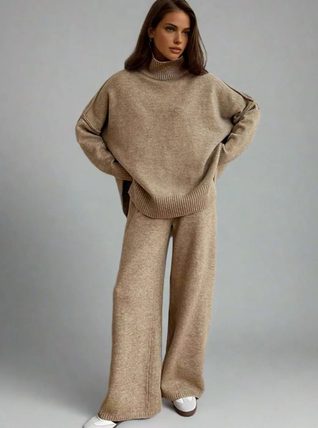 Conjunto de punto extragrande para estar en casa, cuello alto y pantalón de pierna ancha