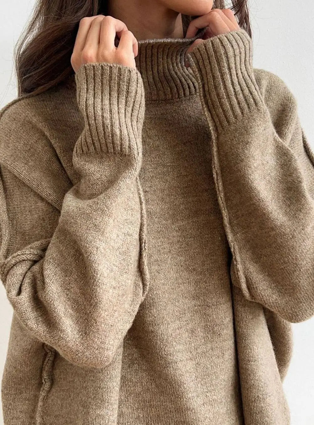 Conjunto de punto extragrande para estar en casa, cuello alto y pantalón de pierna ancha