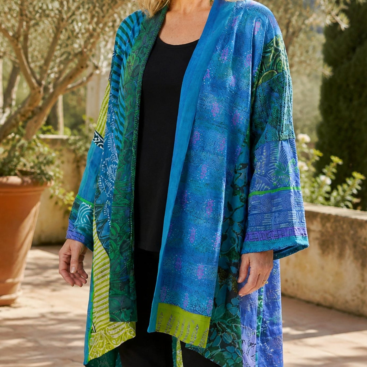 Cárdigan largo de patchwork para mujer, abierto por delante y con mangas anchas