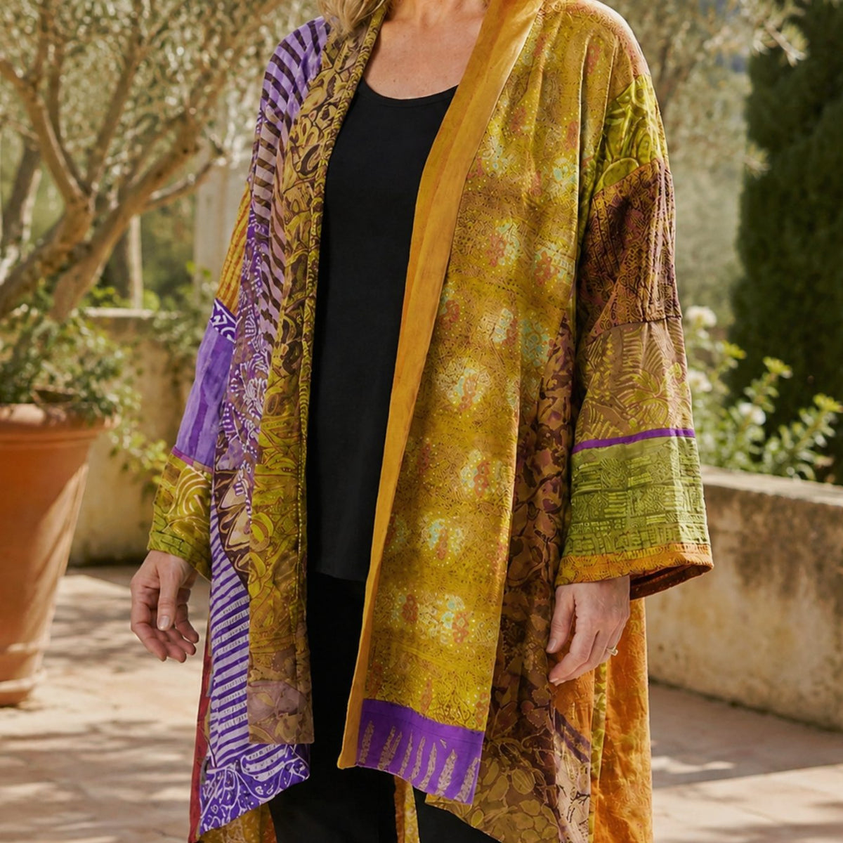 Cárdigan largo de patchwork para mujer, abierto por delante y con mangas anchas