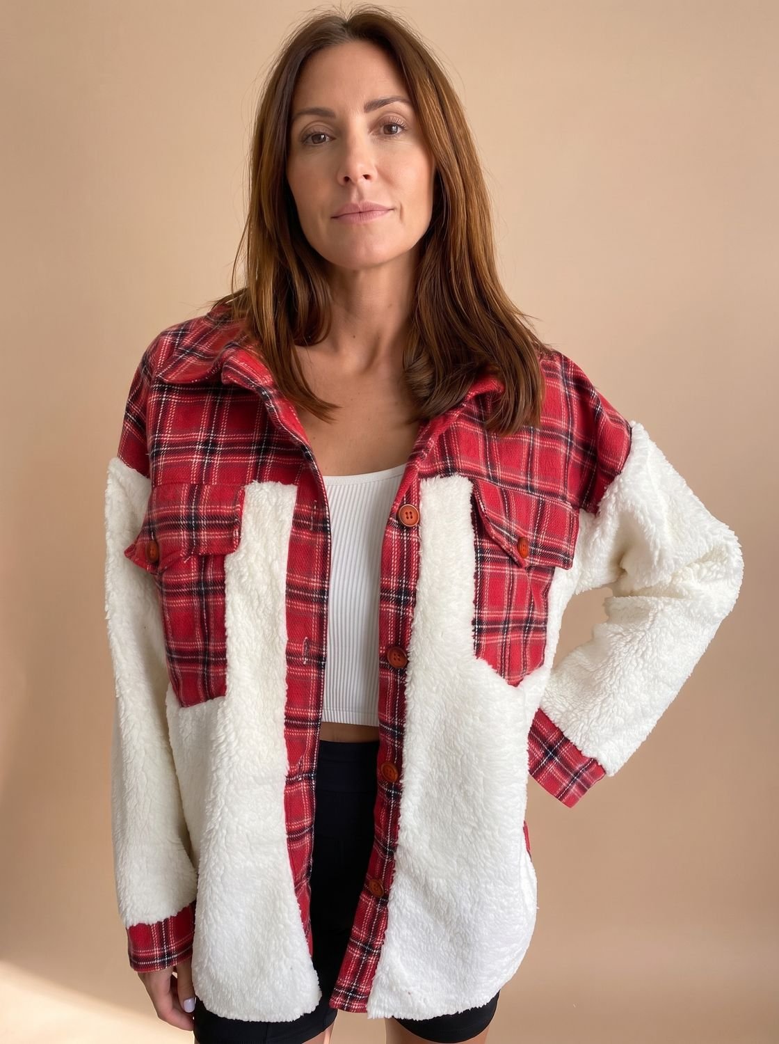 Sophie | Sobrecamisa de forro polar sherpa a cuadros con botones, para mujer