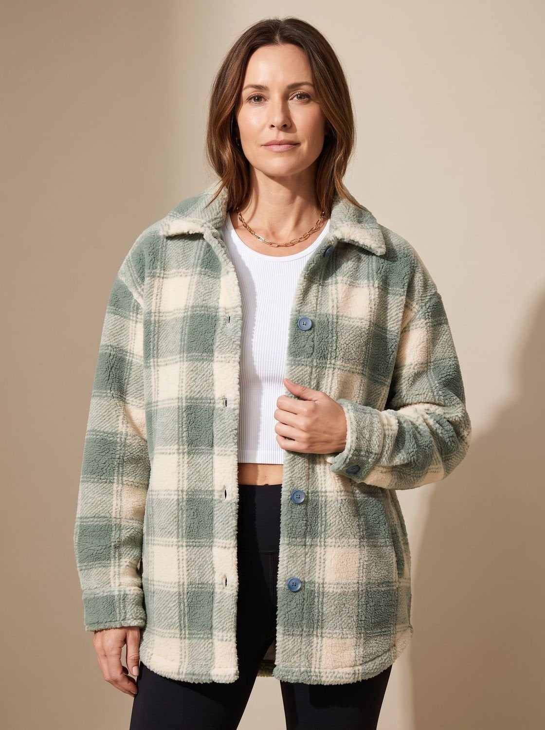 Sophie | Sobrecamisa de forro polar sherpa a cuadros con botones, para mujer