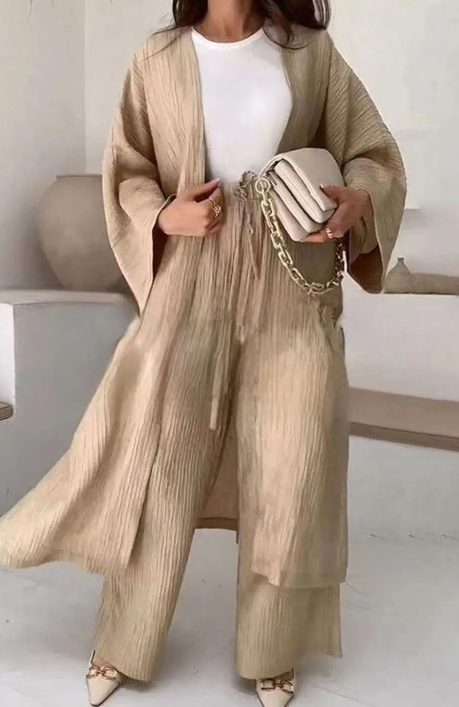 Conjunto de dos piezas para mujer, kimono plisado y pantalón de pierna ancha, estilo coordinado