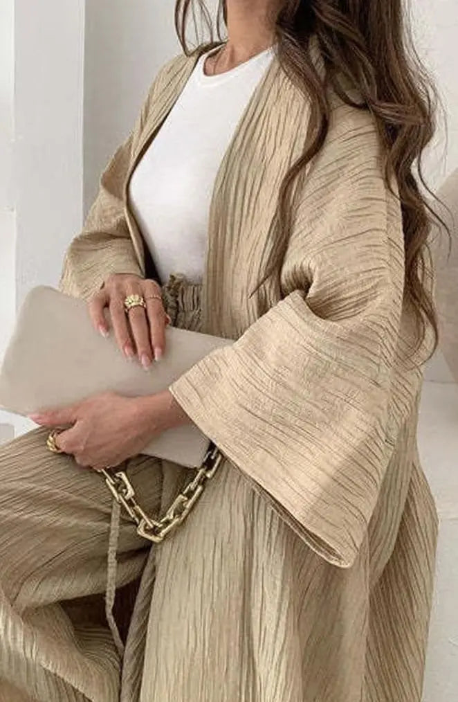 Conjunto de dos piezas para mujer, kimono plisado y pantalón de pierna ancha, estilo coordinado