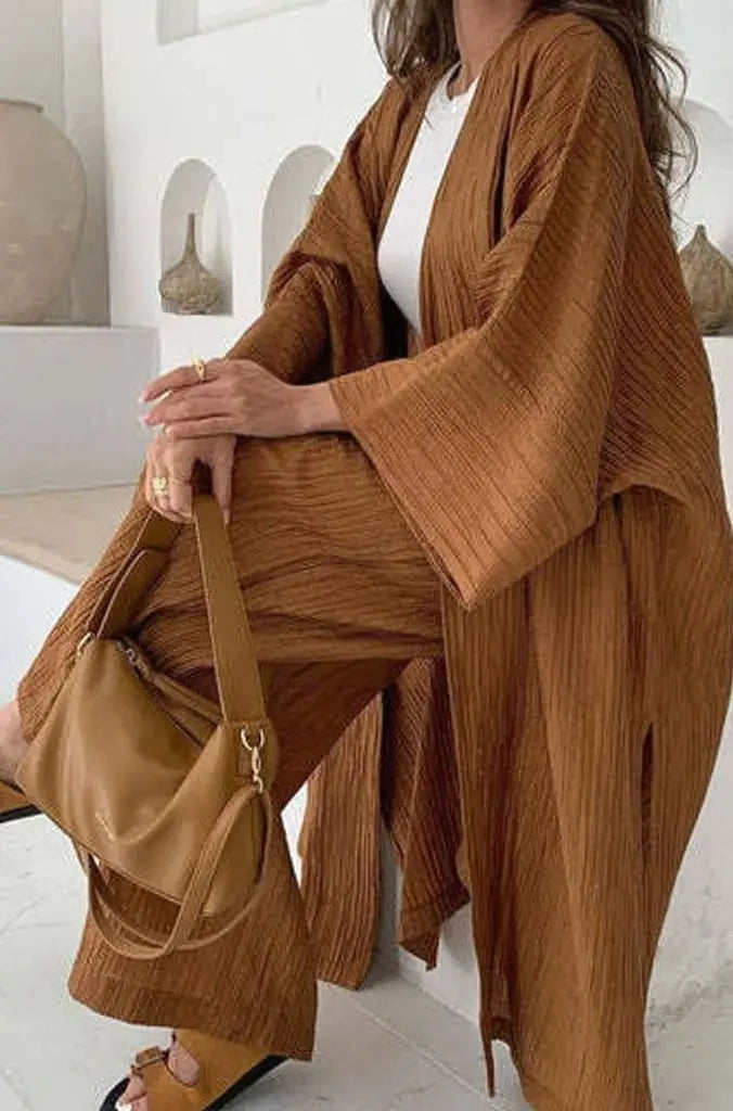 Conjunto de dos piezas para mujer, kimono plisado y pantalón de pierna ancha, estilo coordinado