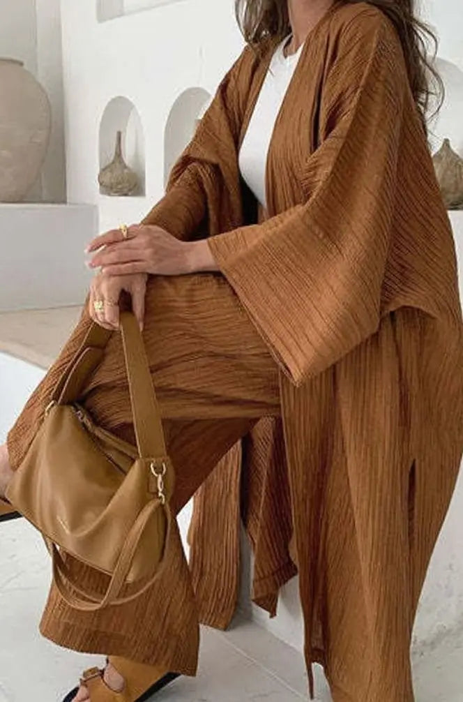 Conjunto de dos piezas para mujer, kimono plisado y pantalón de pierna ancha, estilo coordinado
