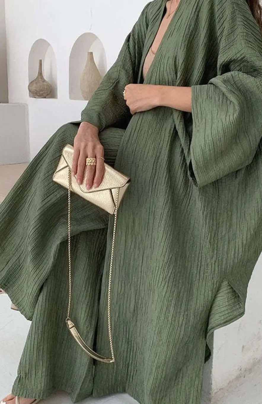 Conjunto de dos piezas para mujer, kimono plisado y pantalón de pierna ancha, estilo coordinado