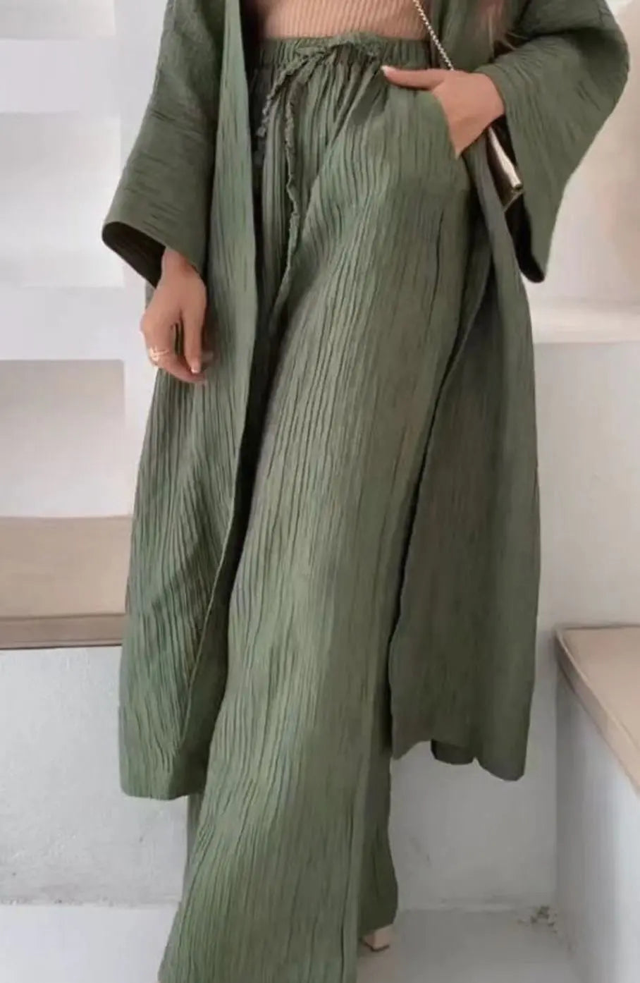 Conjunto de dos piezas para mujer, kimono plisado y pantalón de pierna ancha, estilo coordinado