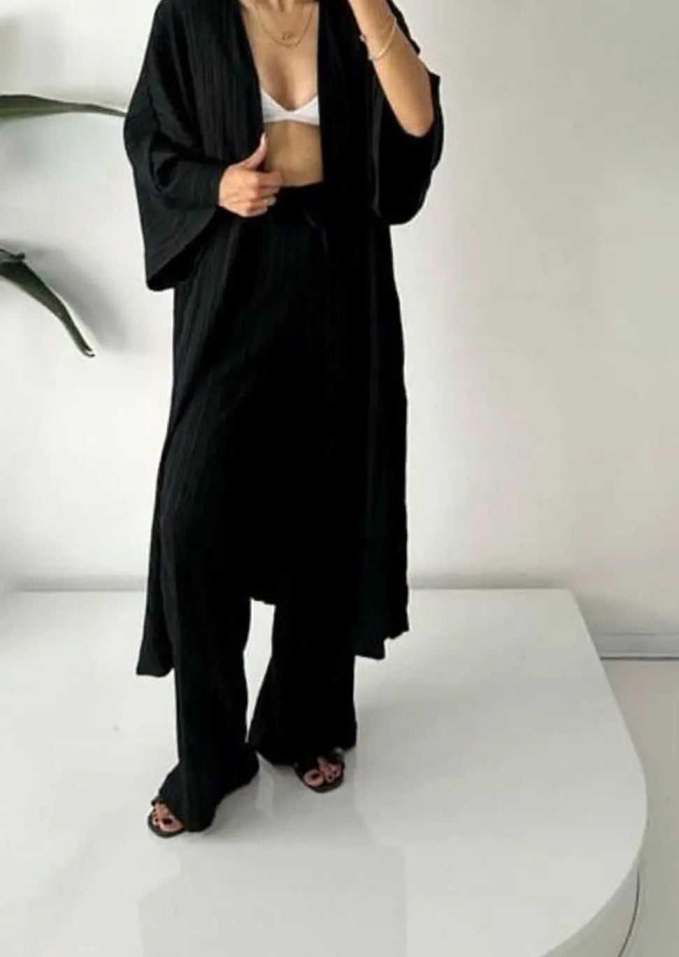 Conjunto de dos piezas para mujer, kimono plisado y pantalón de pierna ancha, estilo coordinado