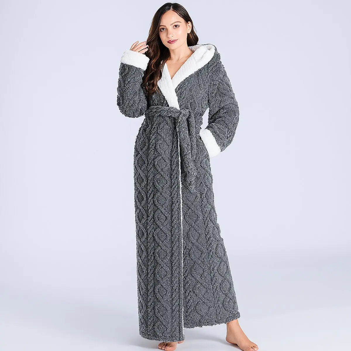 Bata de felpa polar para mujer, hasta el tobillo, con cinturón