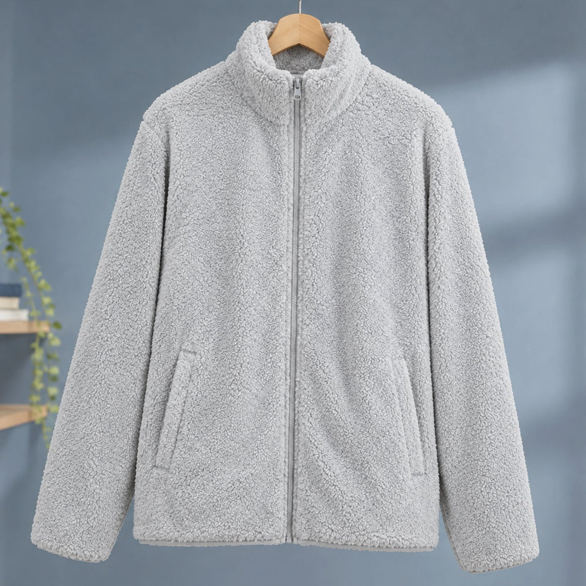 Chaqueta teddy de forro polar afelpado para mujer, cuello alto y cremallera completa
