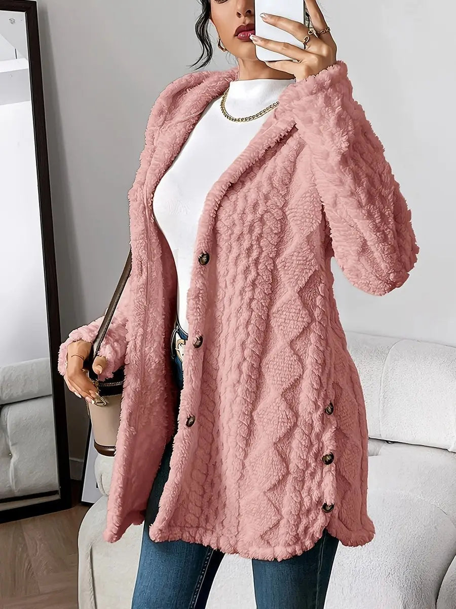 Cárdigan largo mullido con capucha y botones delanteros para mujer