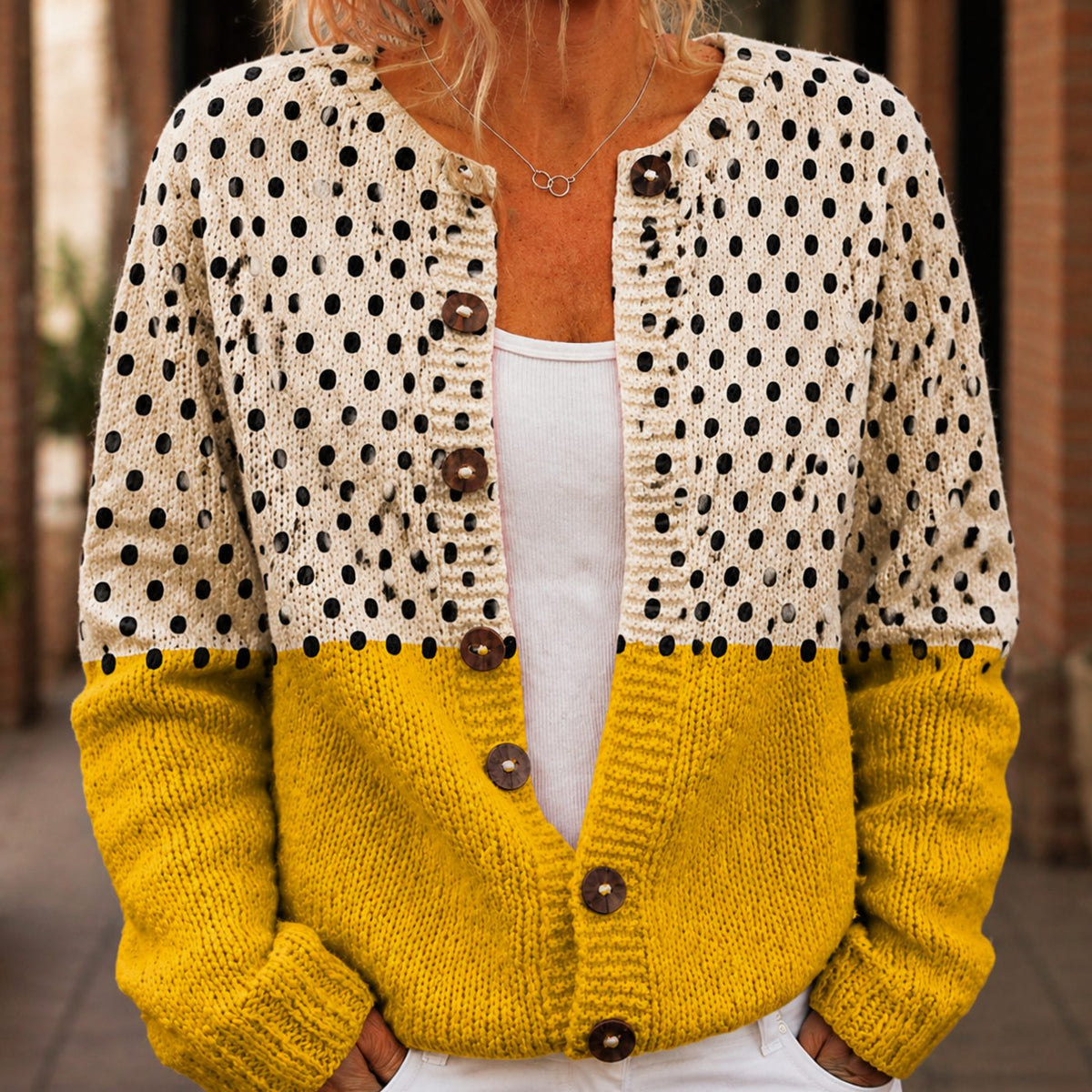 Cárdigan de punto con lunares, bloques de color y botones delanteros para mujer
