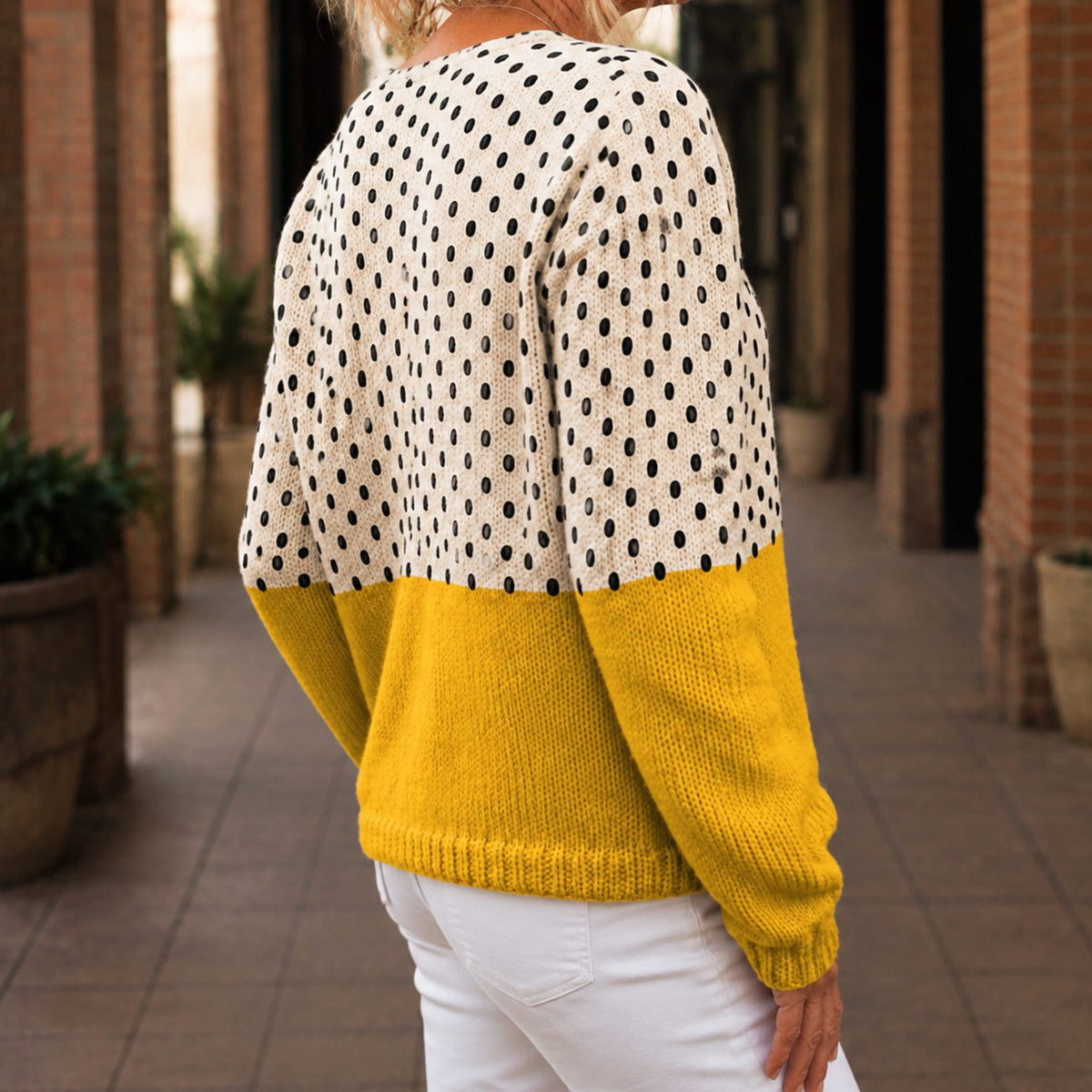 Cárdigan de punto con lunares, bloques de color y botones delanteros para mujer
