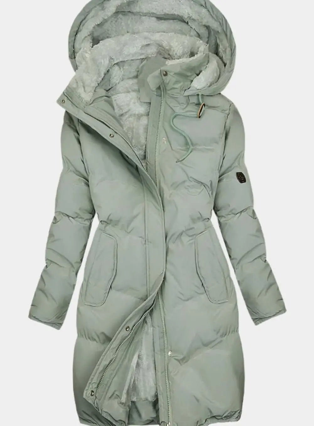Parka larga acolchada con forro polar, capucha y cremallera completa para mujer