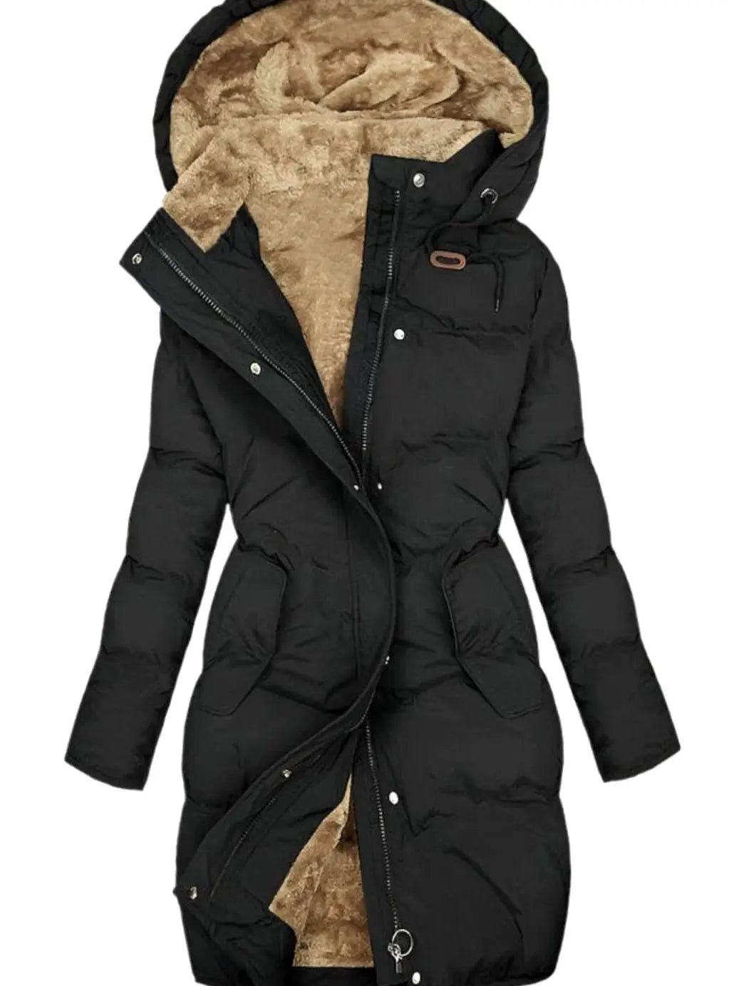 Parka larga acolchada con forro polar, capucha y cremallera completa para mujer