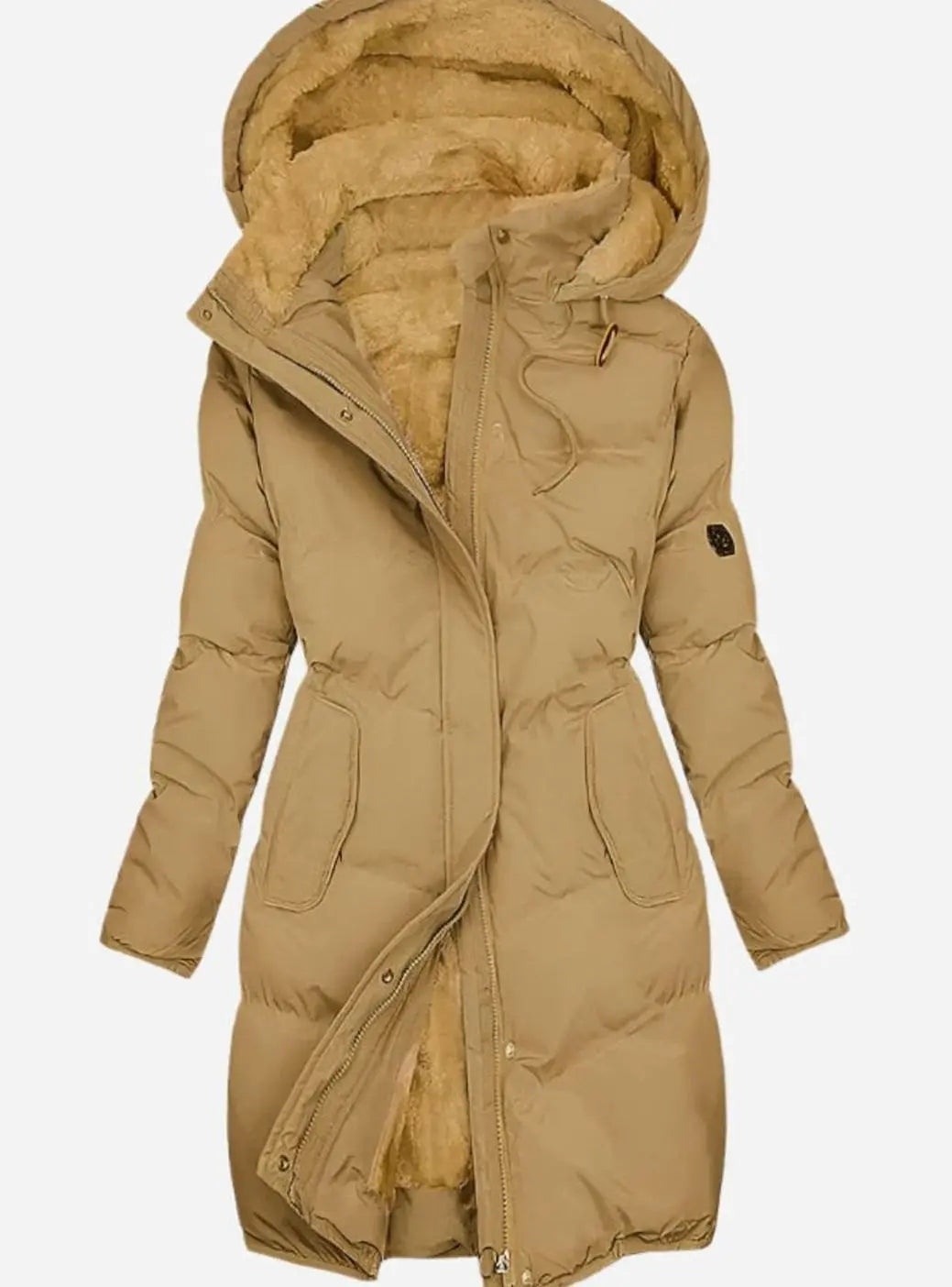 Parka larga acolchada con forro polar, capucha y cremallera completa para mujer