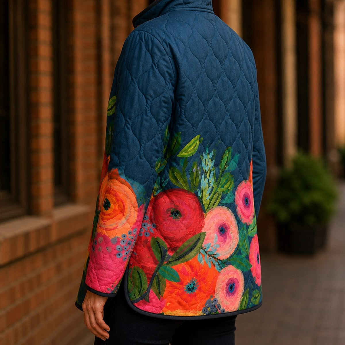 Chaqueta acolchada floral con cierre de broches delanteros para mujer