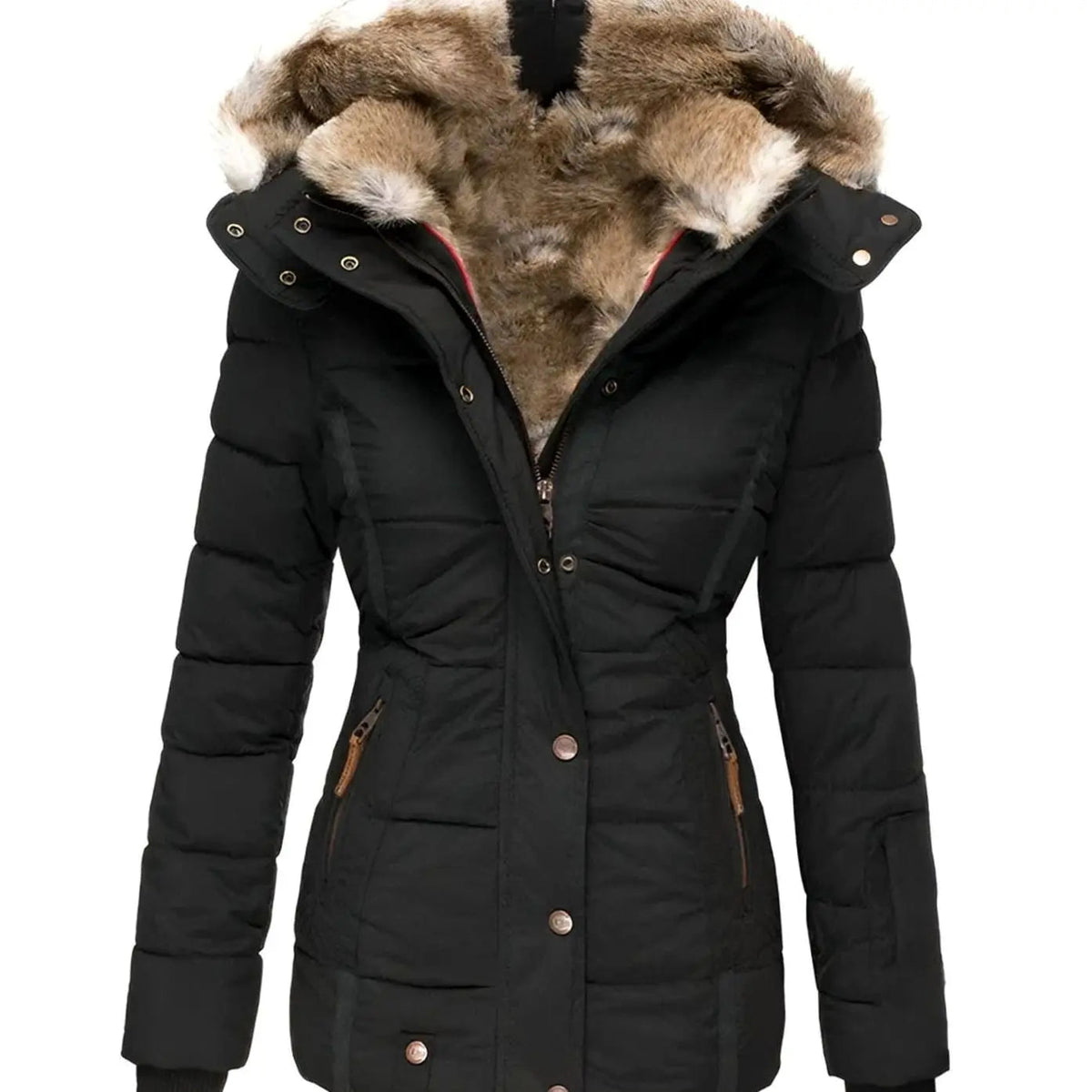 Chaqueta acolchada tipo plumífero con capucha y ribete de piel sintética para mujer