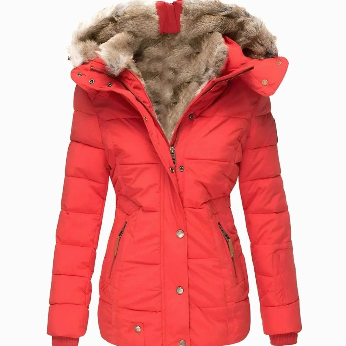 Chaqueta acolchada tipo plumífero con capucha y ribete de piel sintética para mujer