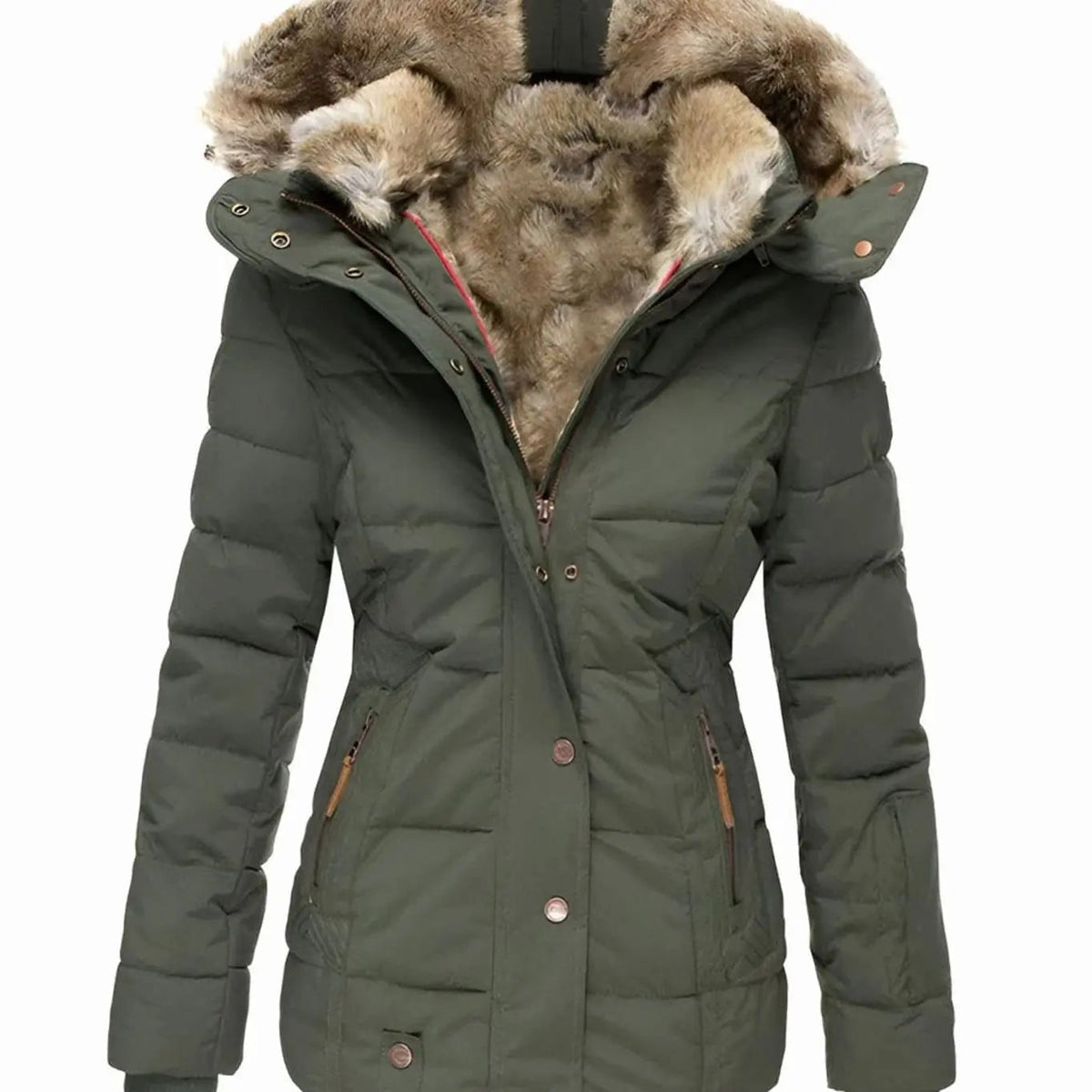 Chaqueta acolchada tipo plumífero con capucha y ribete de piel sintética para mujer