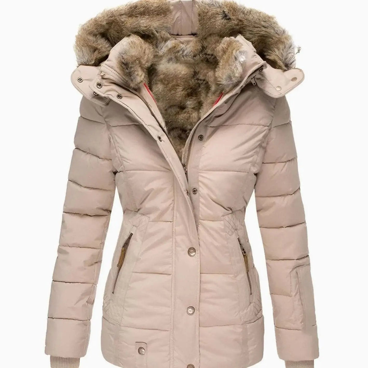 Chaqueta acolchada tipo plumífero con capucha y ribete de piel sintética para mujer