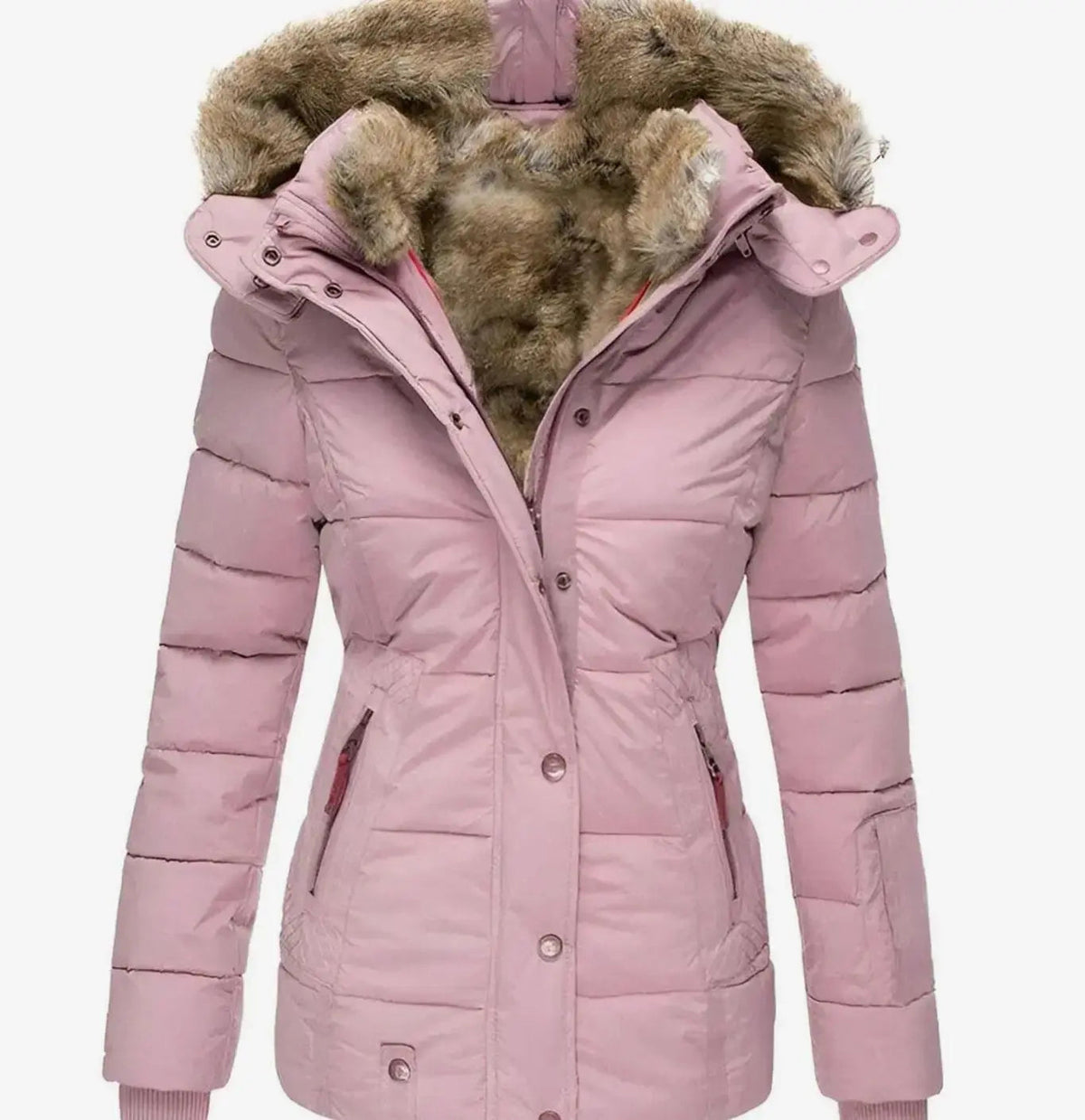Chaqueta acolchada tipo plumífero con capucha y ribete de piel sintética para mujer