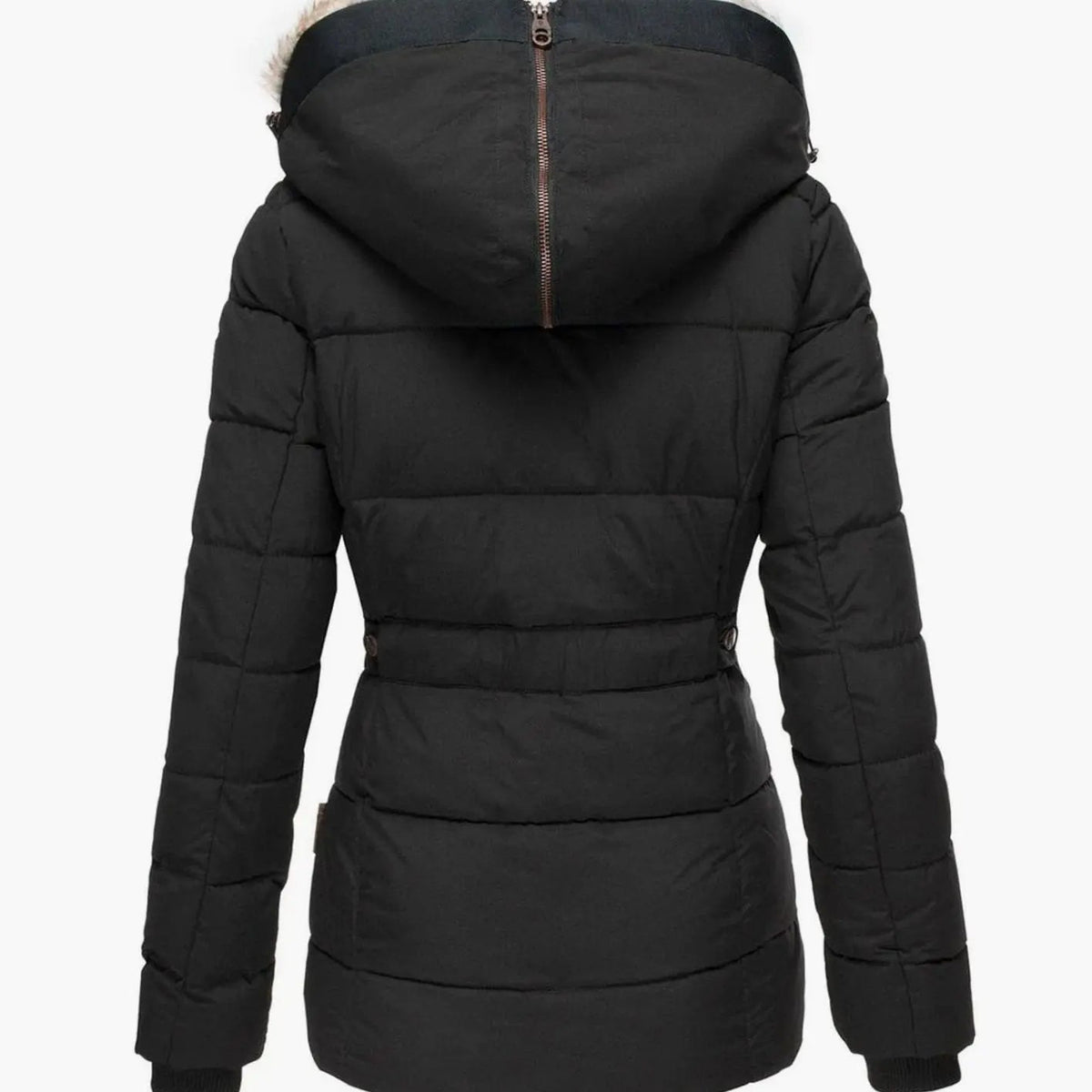 Chaqueta acolchada tipo plumífero con capucha y ribete de piel sintética para mujer