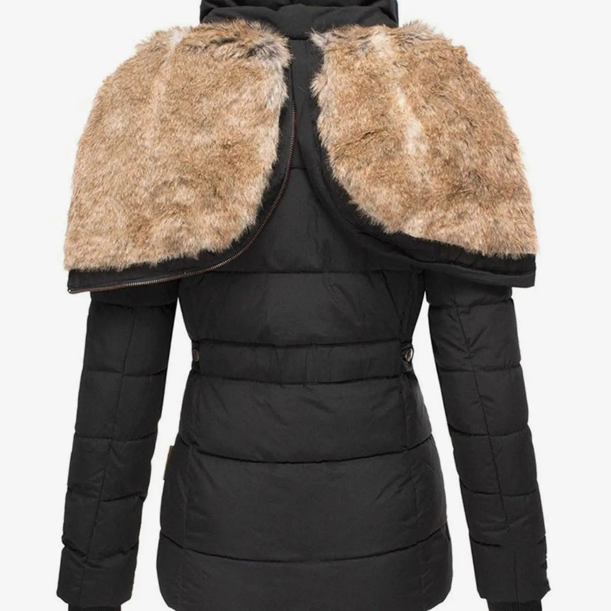 Chaqueta acolchada tipo plumífero con capucha y ribete de piel sintética para mujer