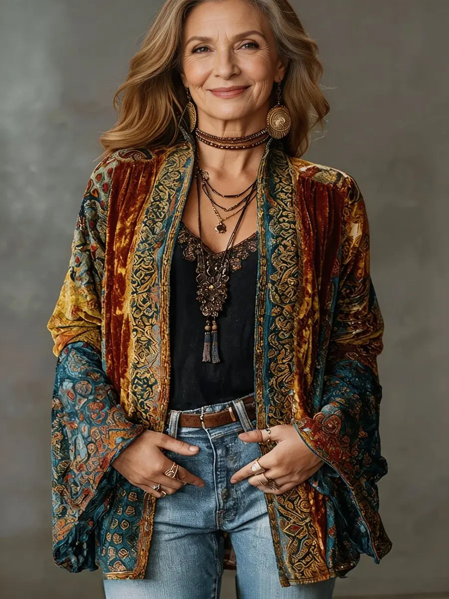 Prenda de abrigo acolchada larga estilo kimono bohemio vintage para mujer