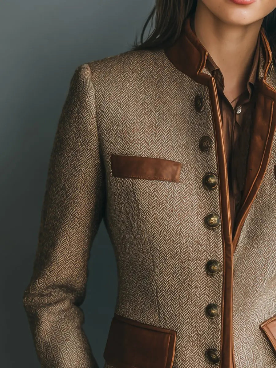Blazer acolchado de tweed espiga con botones y detalles de cuero para mujer