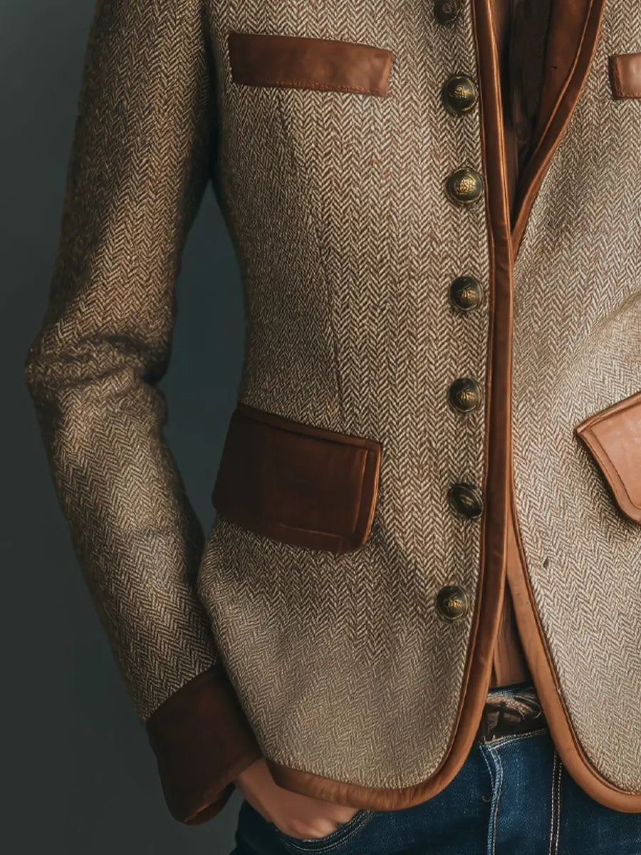 Blazer acolchado de tweed espiga con botones y detalles de cuero para mujer