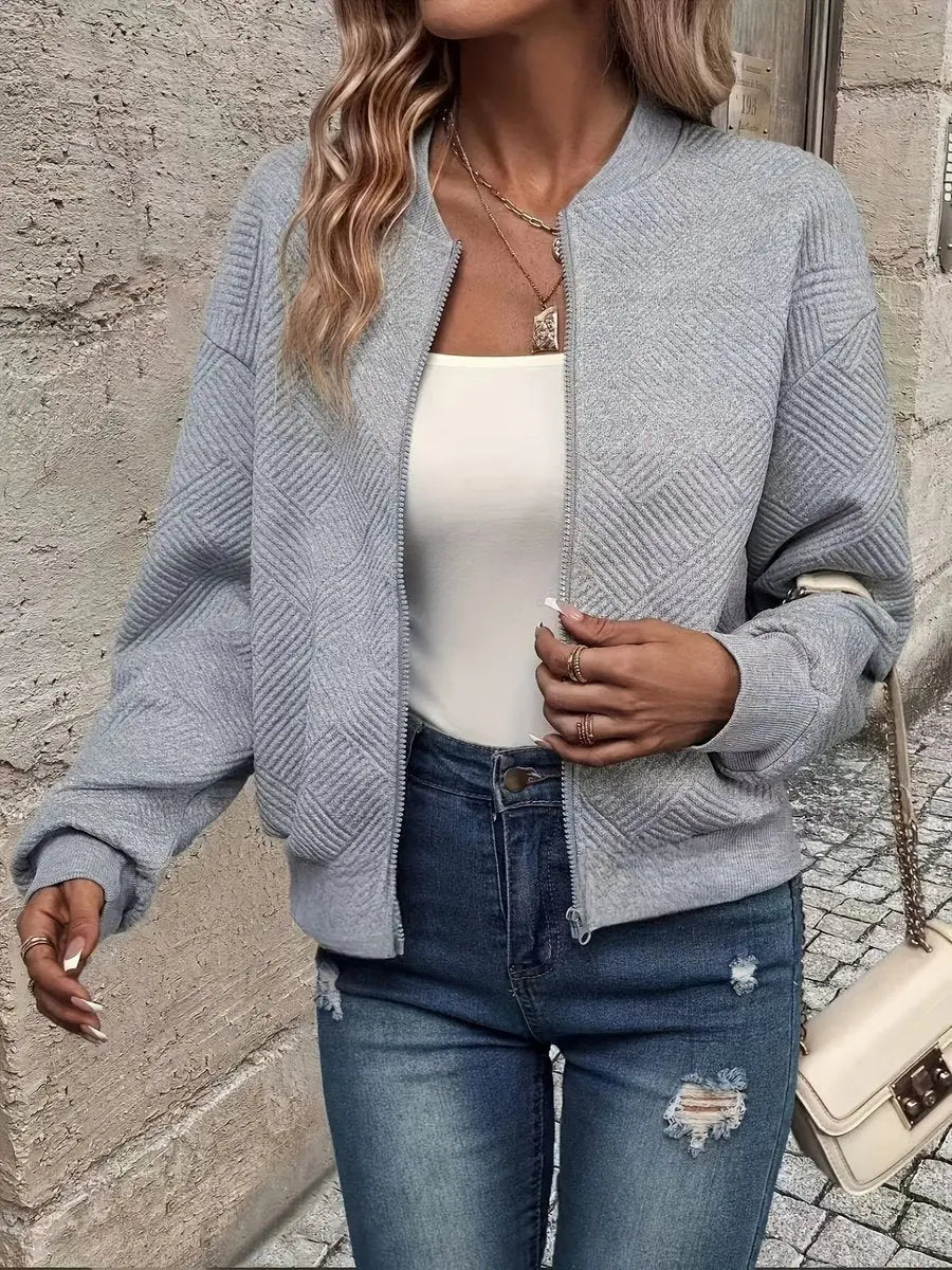 Sudadera corta acolchada tipo bomber, con cremallera y textura, para mujer