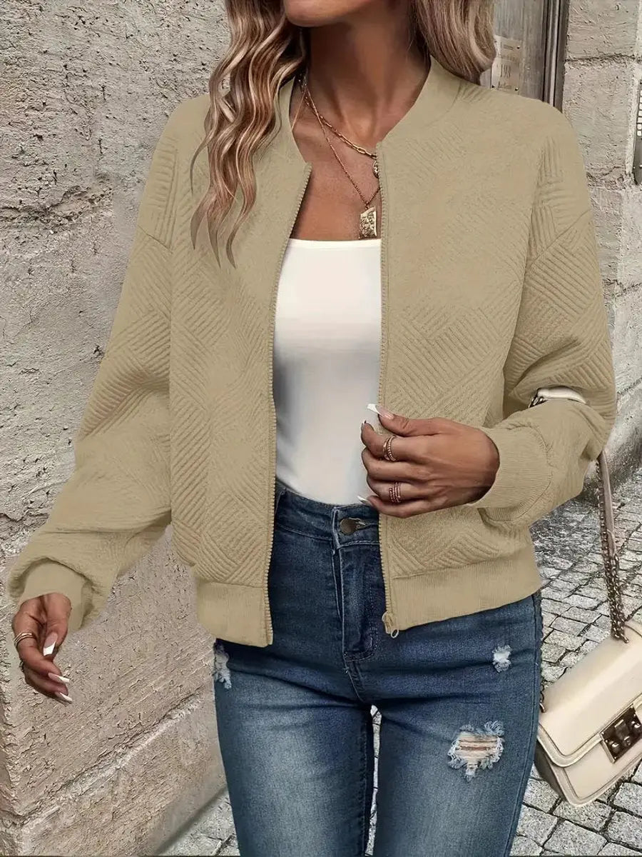 Sudadera corta acolchada tipo bomber, con cremallera y textura, para mujer