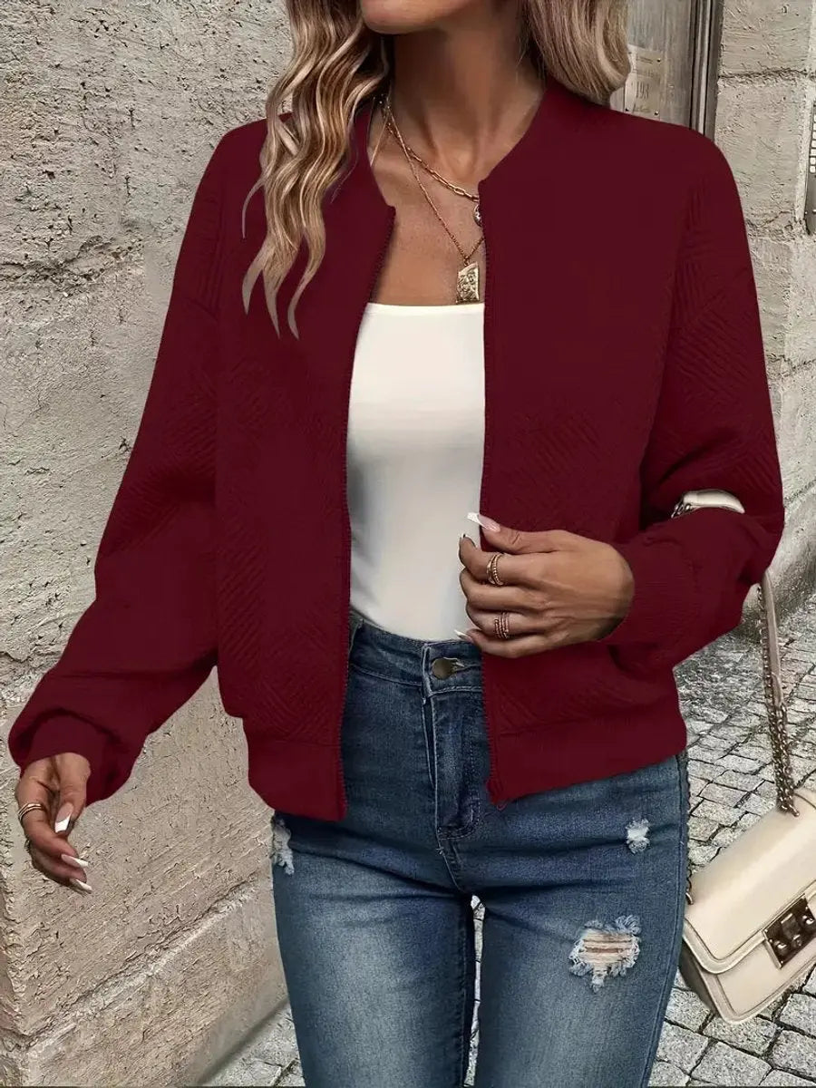 Sudadera corta acolchada tipo bomber, con cremallera y textura, para mujer
