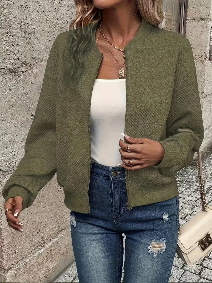 Sudadera corta acolchada tipo bomber, con cremallera y textura, para mujer