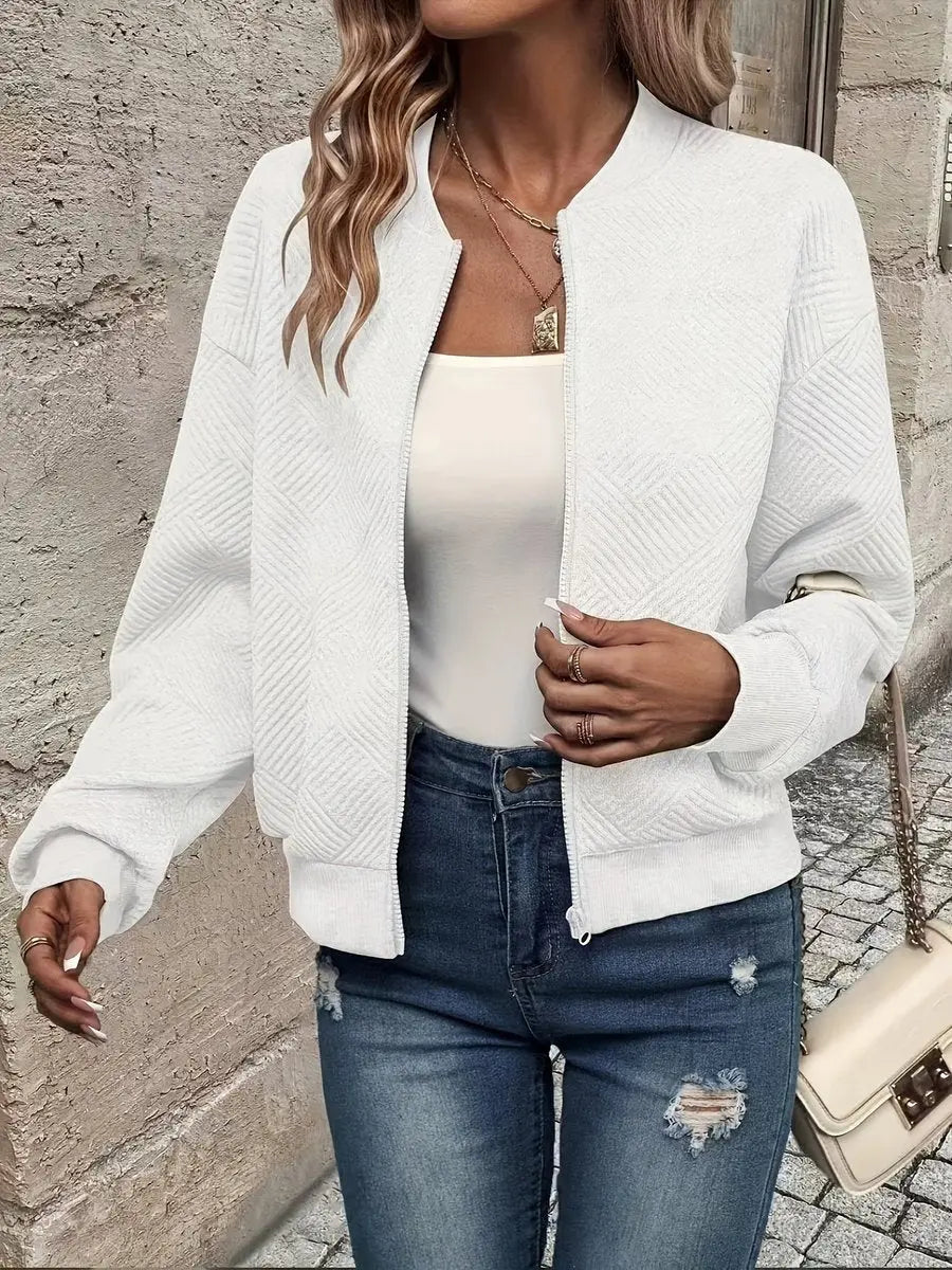 Sudadera corta acolchada tipo bomber, con cremallera y textura, para mujer