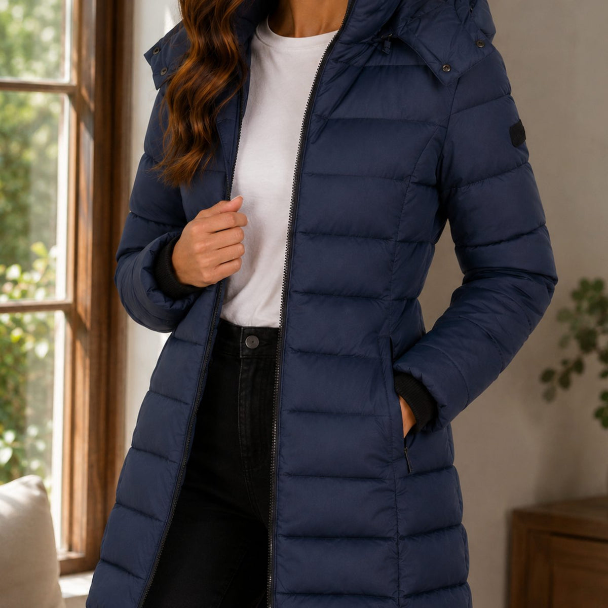 Abrigo largo de invierno con capucha y acolchado para mujer