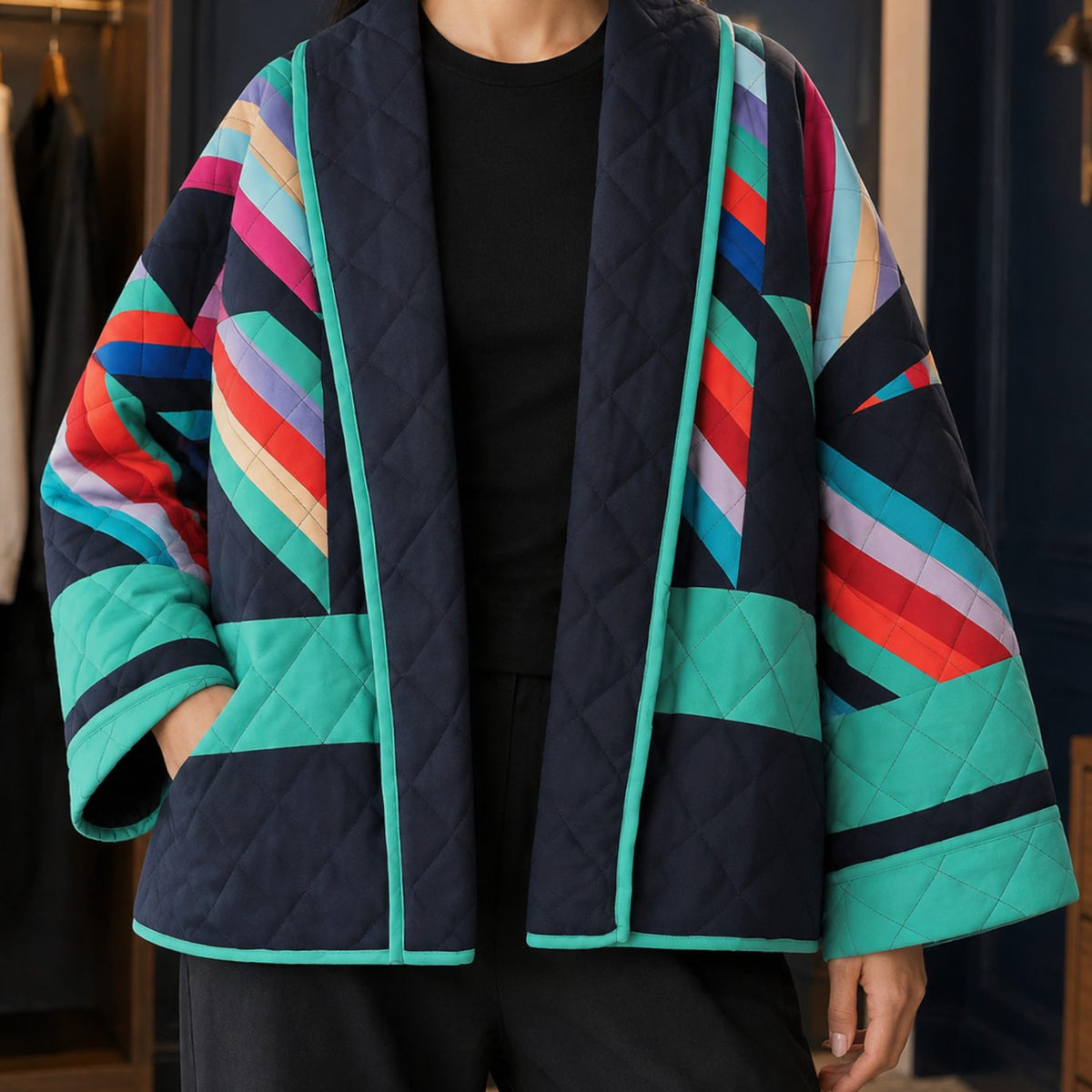 Chaqueta acolchada extragrande de patchwork, abierta por delante, para mujer