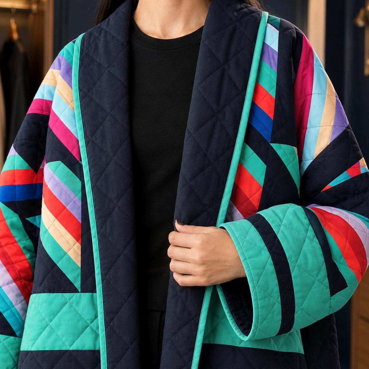 Chaqueta acolchada extragrande de patchwork, abierta por delante, para mujer