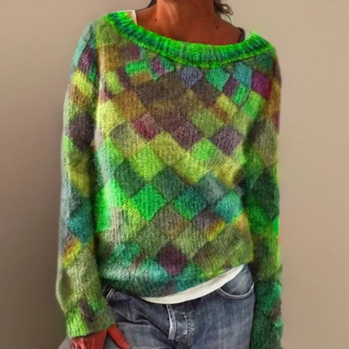 Suéter jersey de punto con rombos argyle y corte holgado para mujer