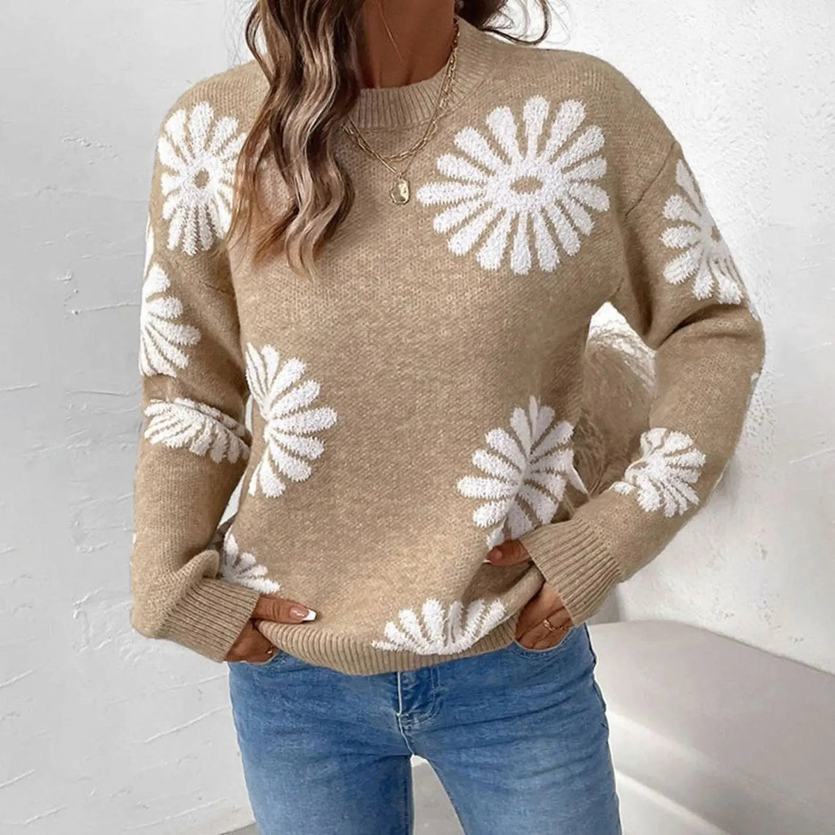 Jersey de punto intarsia floral con cuello redondo y corte holgado para mujer