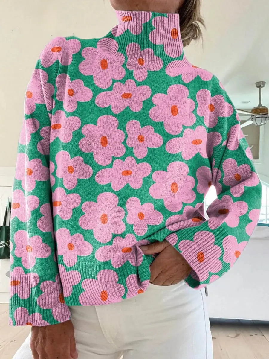 Suéter de punto floral con cuello alto y corte holgado para mujer