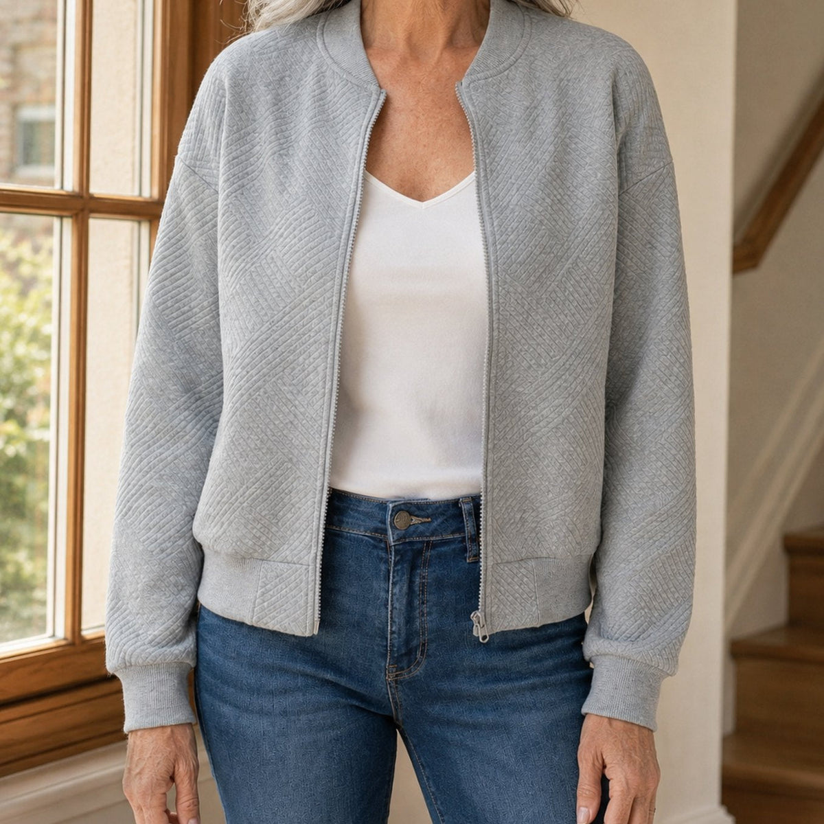 Chaqueta bomber para mujer, de corte holgado, con textura geométrica y cremallera completa