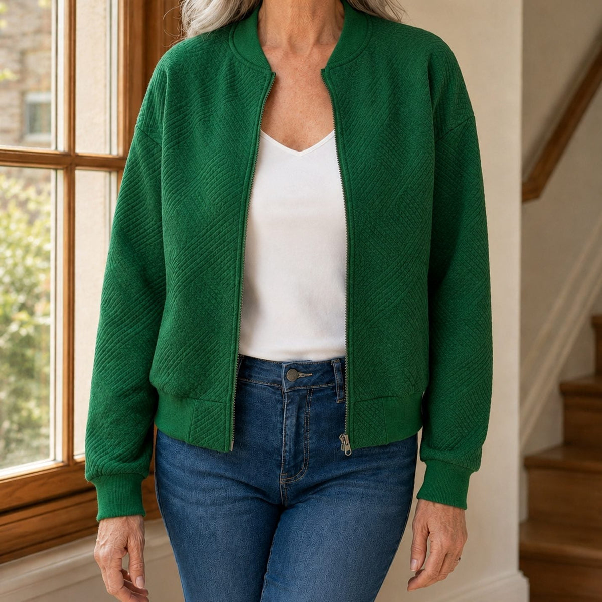 Chaqueta bomber para mujer, de corte holgado, con textura geométrica y cremallera completa