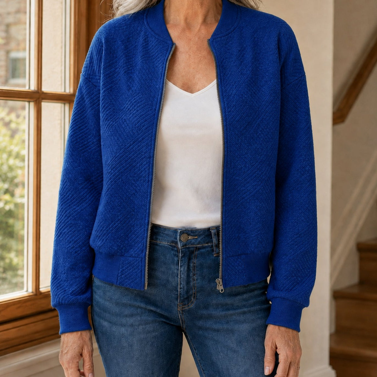 Chaqueta bomber para mujer, de corte holgado, con textura geométrica y cremallera completa