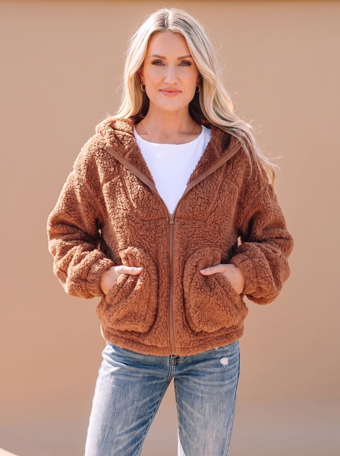 Willow | Chaqueta teddy con capucha para mujer, de corte holgado y cremallera