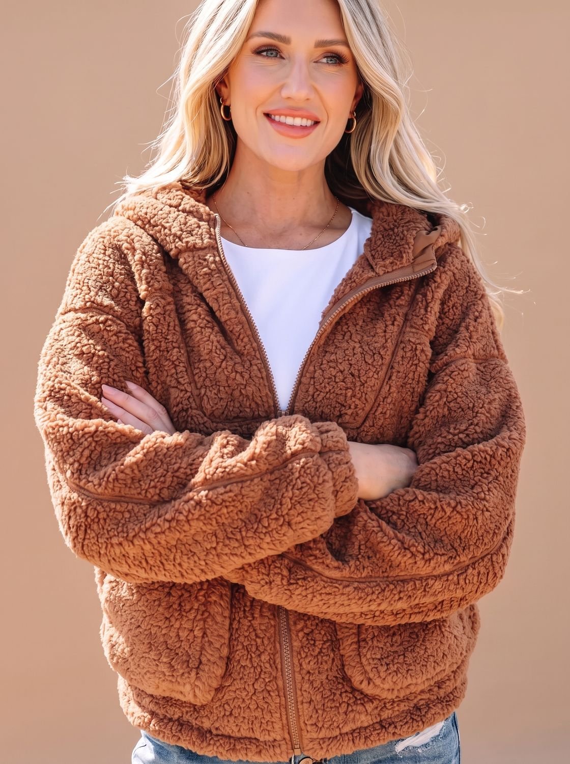 Willow | Chaqueta teddy con capucha para mujer, de corte holgado y cremallera