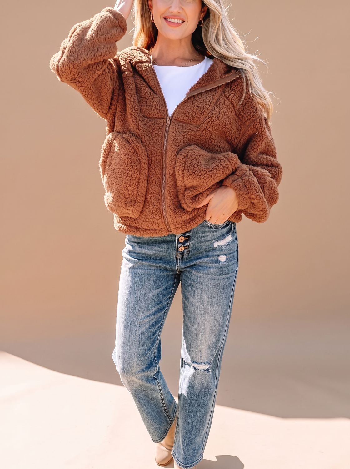 Willow | Chaqueta teddy con capucha para mujer, de corte holgado y cremallera