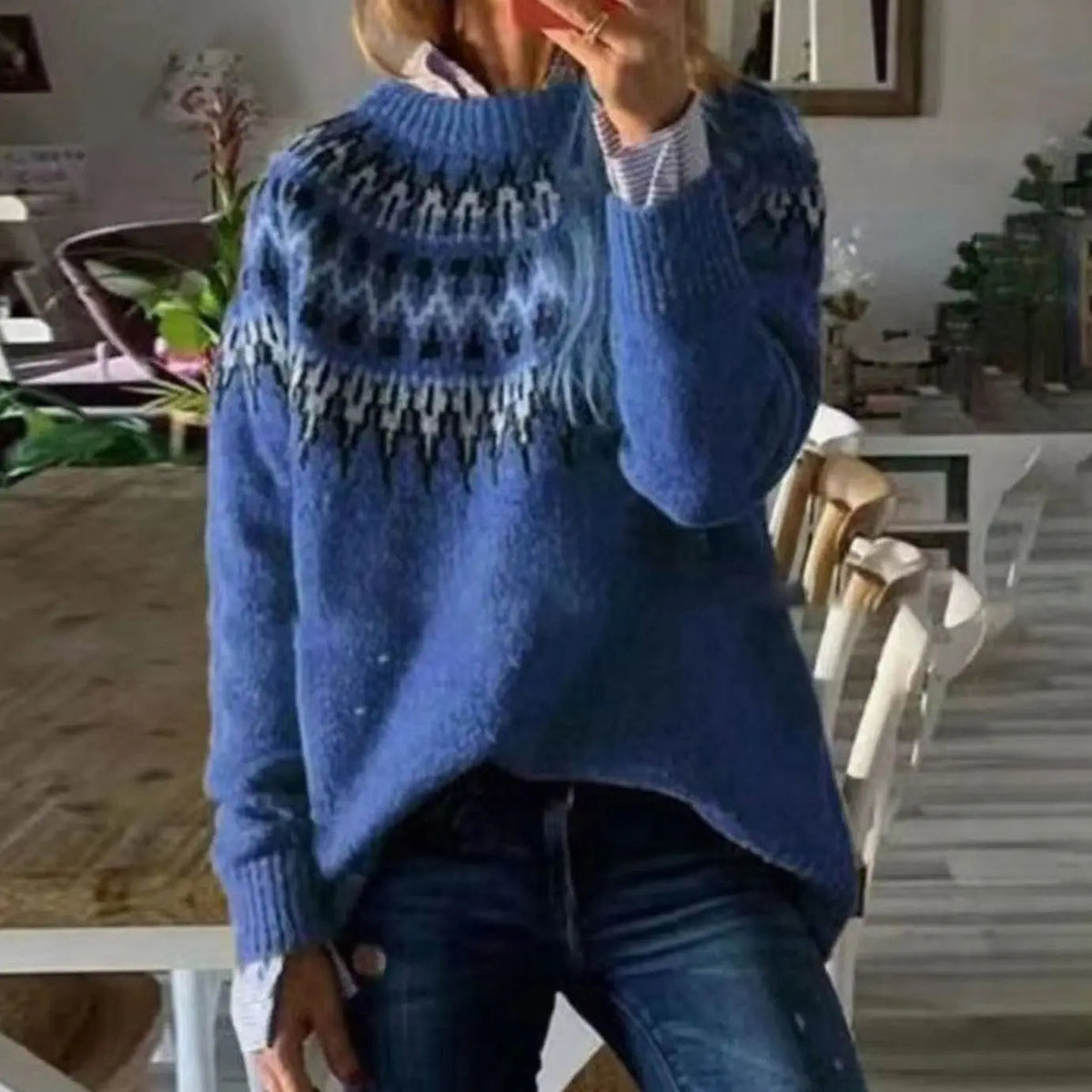 Jersey de punto para mujer, de corte holgado, con estampado nórdico Fair Isle